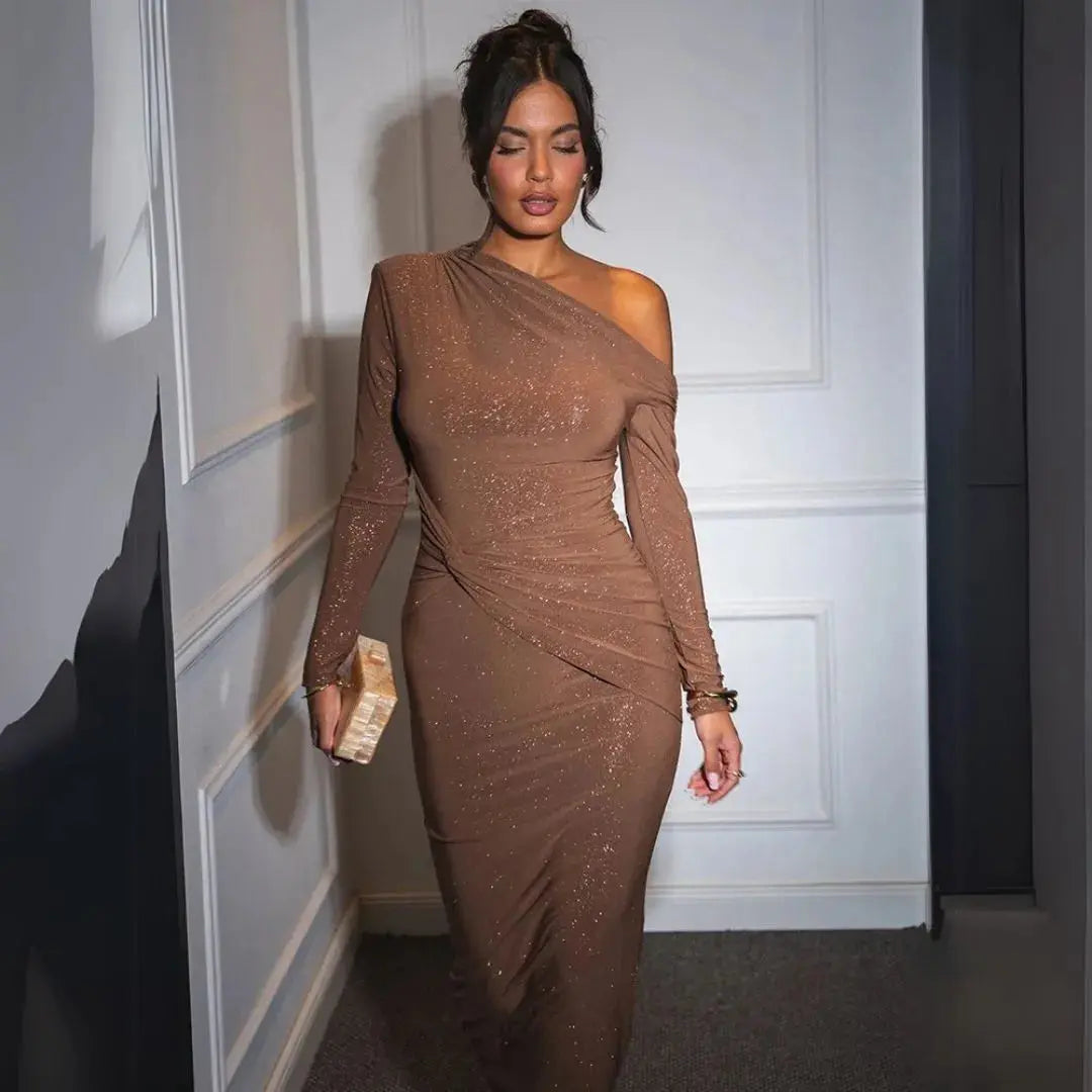 Iambe | Women's Long Sleeve Evening Maxi Dress | One Shoulder Sparkle