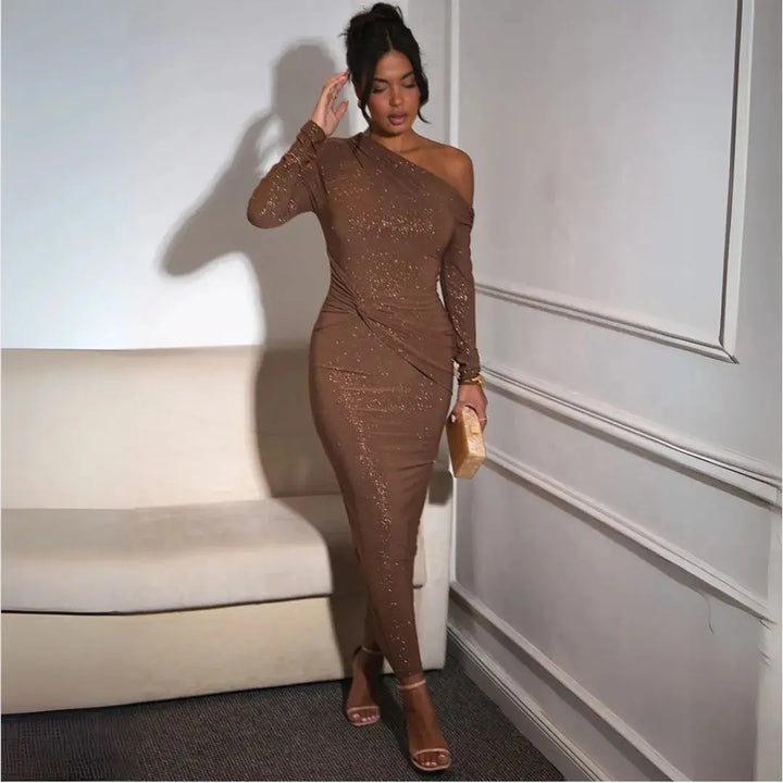 Iambe | Women's Long Sleeve Evening Maxi Dress | One Shoulder Sparkle