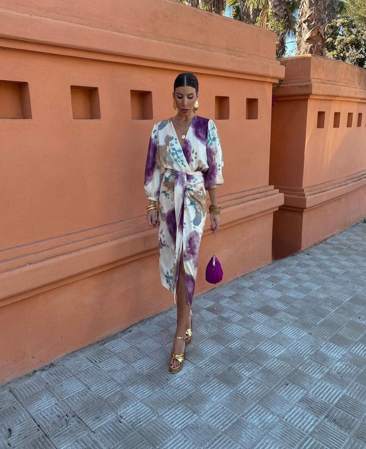 Women's Floral Wedding Guest Dress with V Neck | Midi Wrap