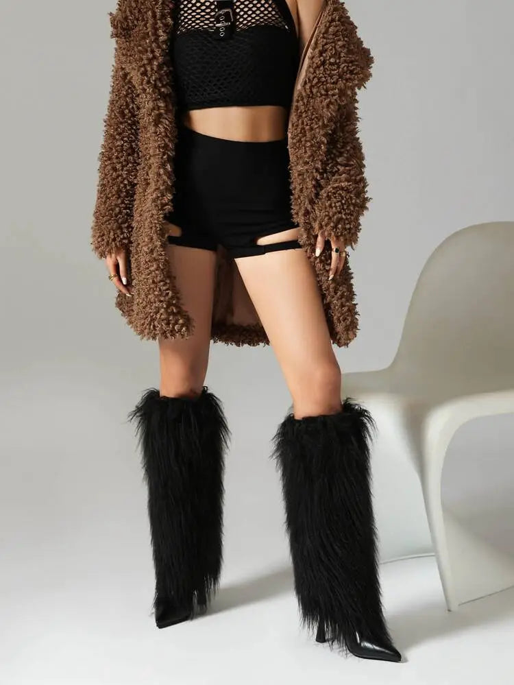 Amparo | Women's Fluffy Knee High Boots | Stiletto Pointed Toe