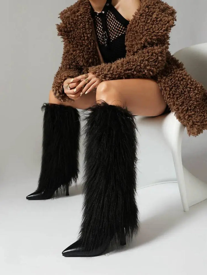 Amparo | Women's Fluffy Knee High Boots | Stiletto Pointed Toe