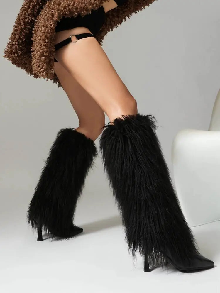Amparo | Women's Fluffy Knee High Boots | Stiletto Pointed Toe