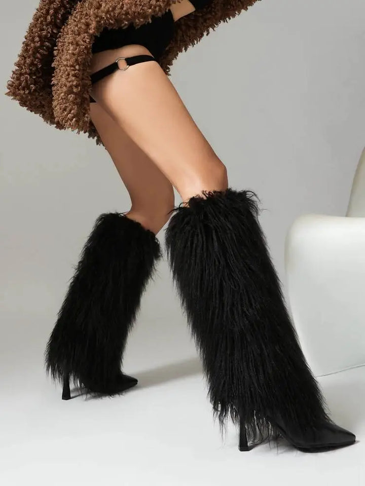 Amparo | Women's Fluffy Knee High Boots | Stiletto Pointed Toe