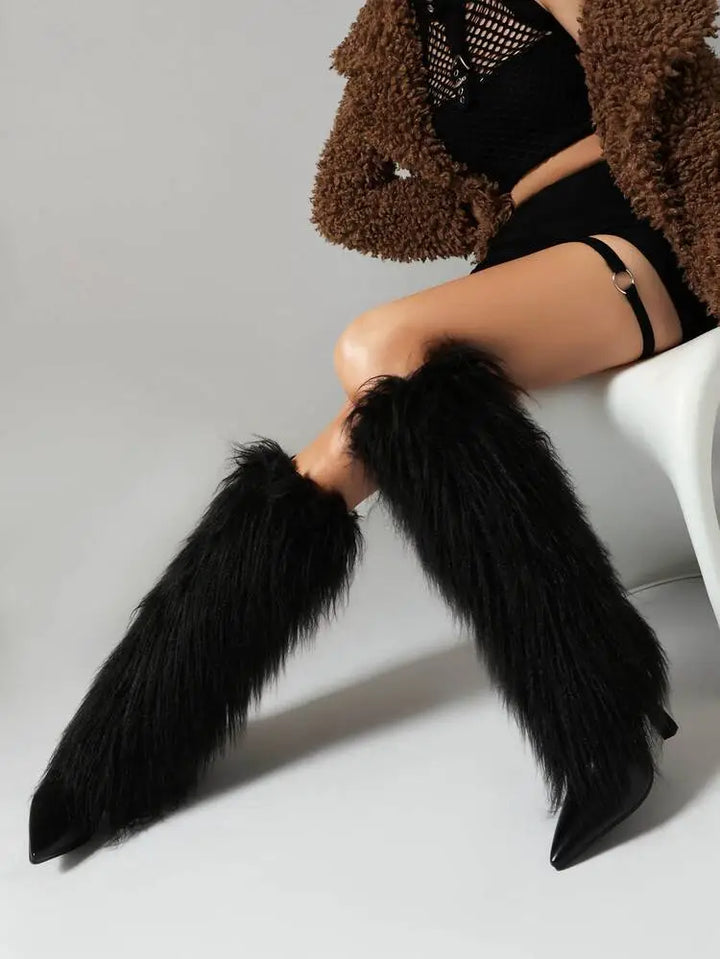 Amparo | Women's Fluffy Knee High Boots | Stiletto Pointed Toe
