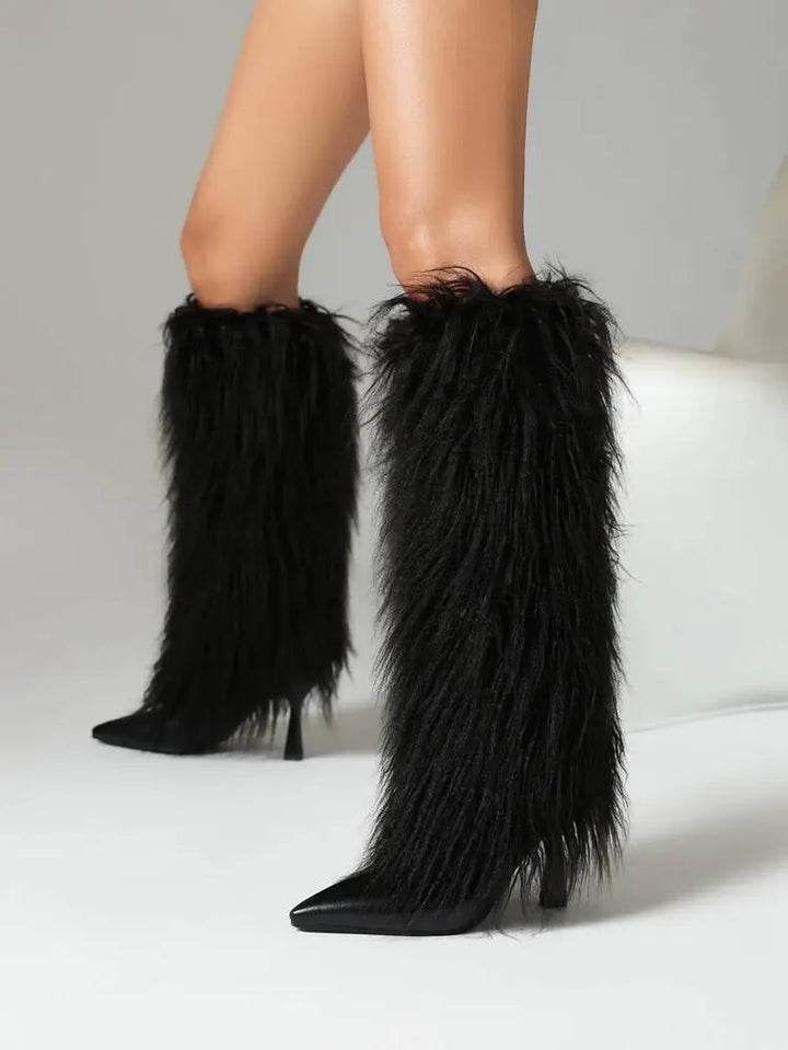 Amparo | Women's Fluffy Knee High Boots | Stiletto Pointed Toe