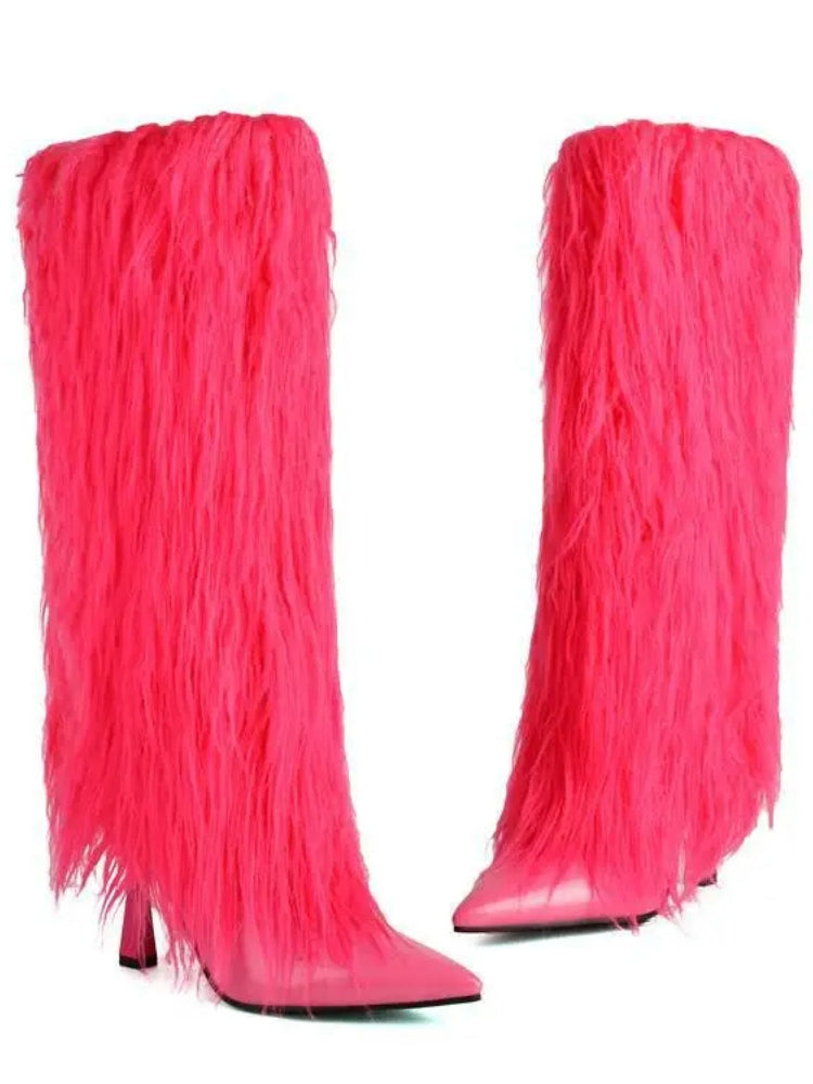Amparo | Women's Fluffy Knee High Boots | Stiletto Pointed Toe