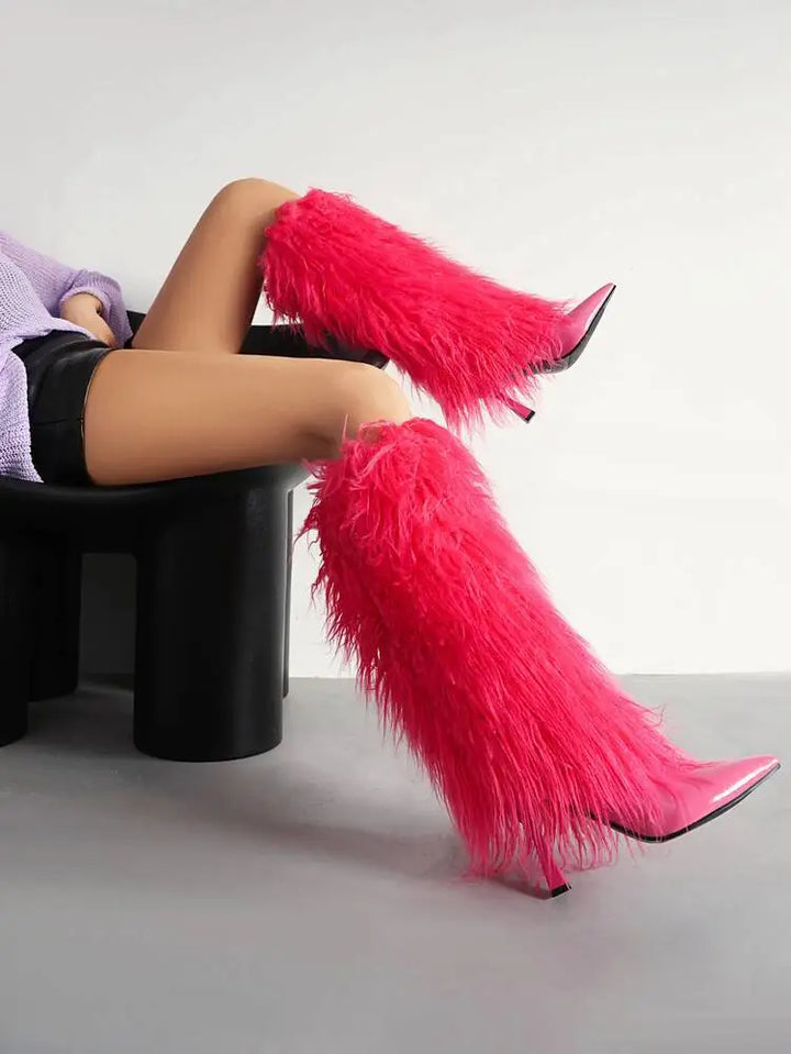 Amparo | Women's Fluffy Knee High Boots | Stiletto Pointed Toe