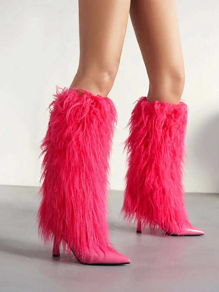 Amparo | Women's Fluffy Knee High Boots | Stiletto Pointed Toe