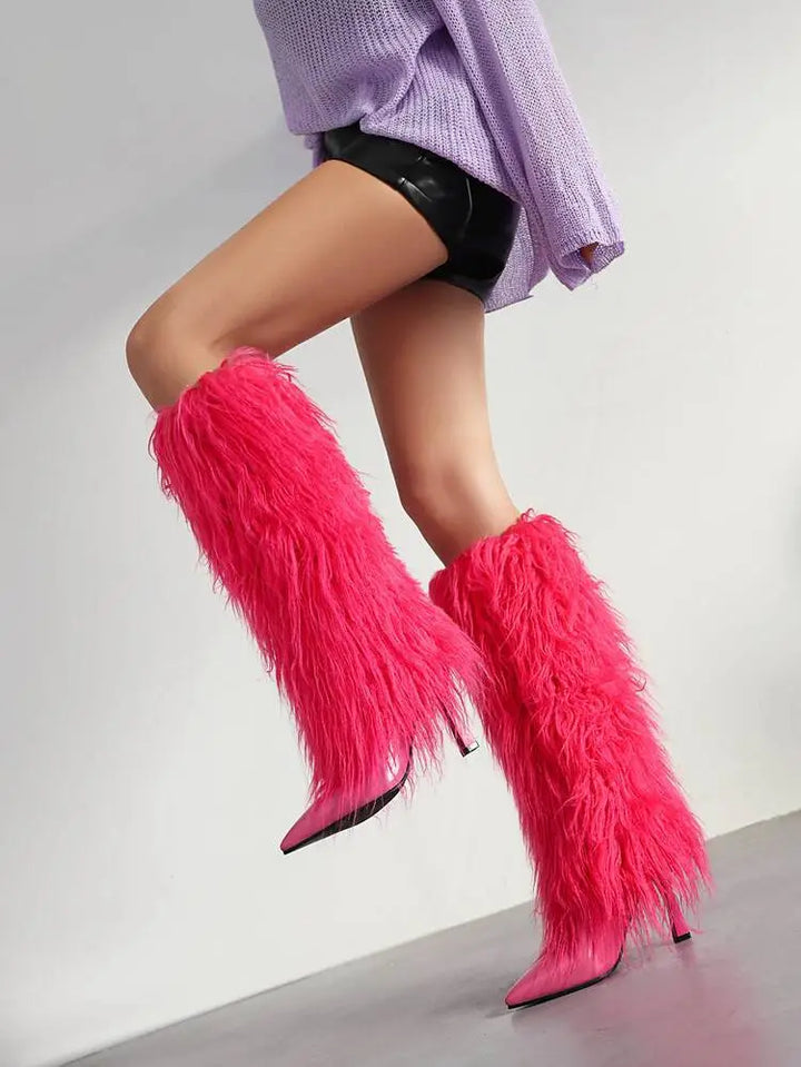 Amparo | Women's Fluffy Knee High Boots | Stiletto Pointed Toe