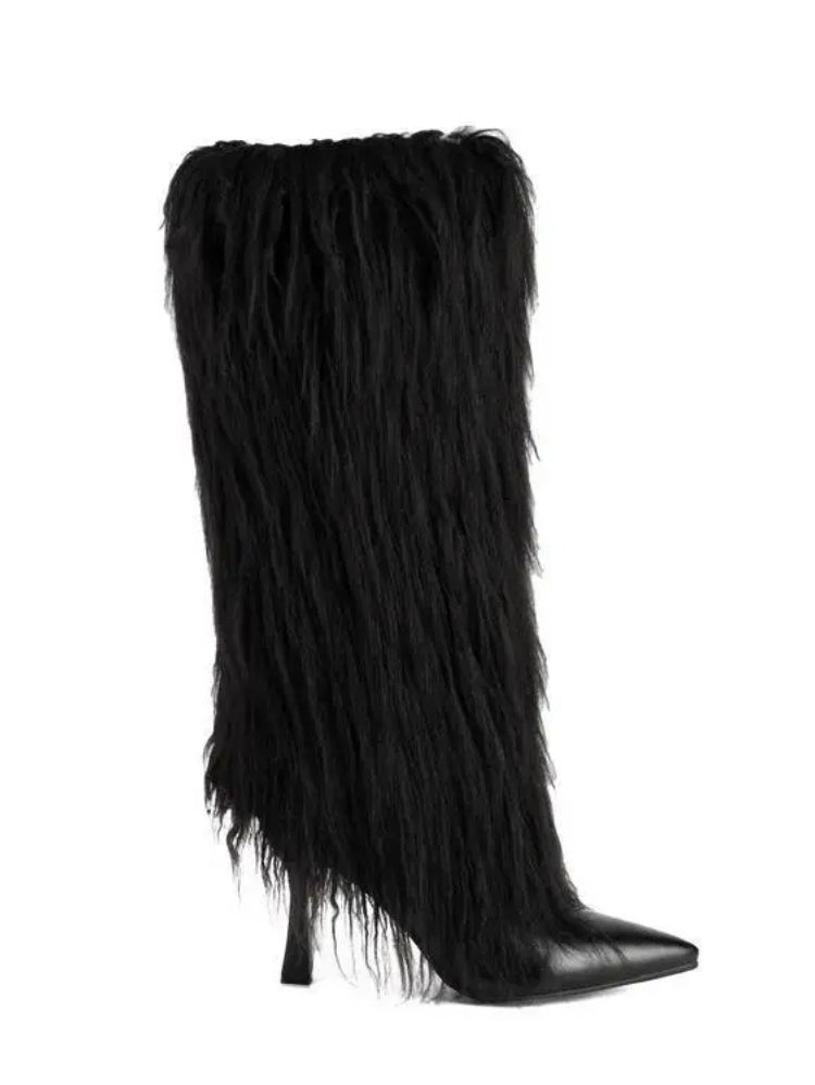 Amparo | Women's Fluffy Knee High Boots | Stiletto Pointed Toe