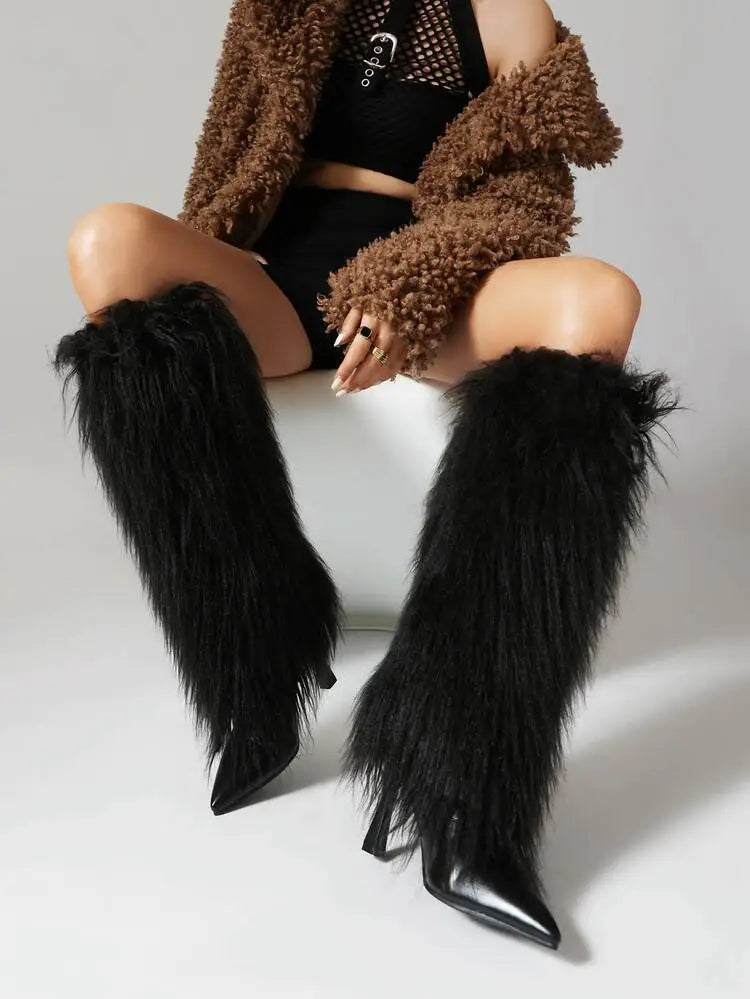 Amparo | Women's Fluffy Knee High Boots | Stiletto Pointed Toe