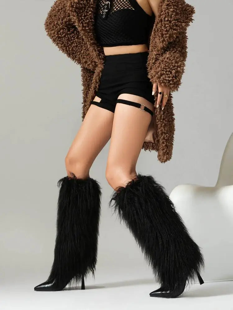 Amparo | Women's Fluffy Knee High Boots | Stiletto Pointed Toe