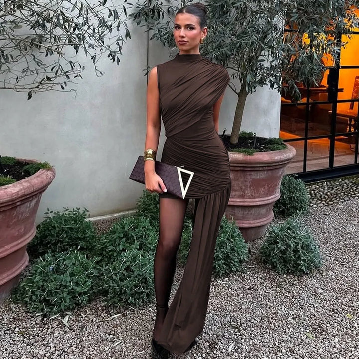 Women's Formal Dress with High Neck & Ruching | Bodycon