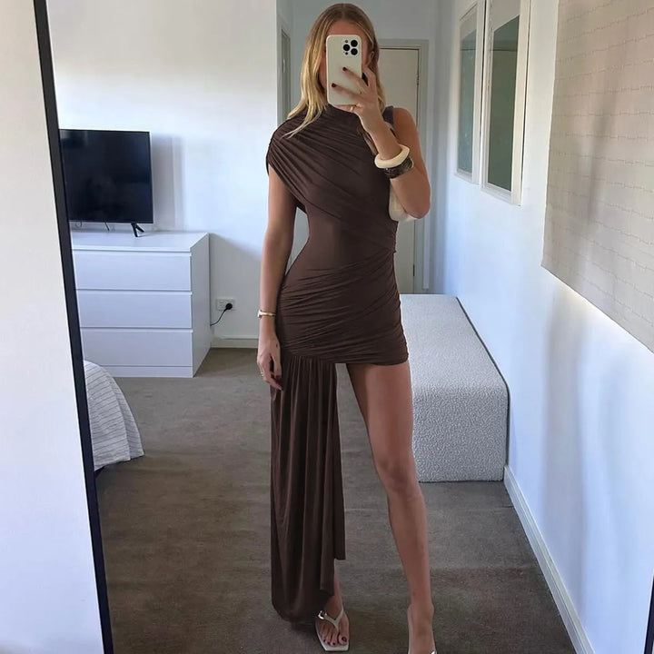Women's Formal Dress with High Neck & Ruching | Bodycon