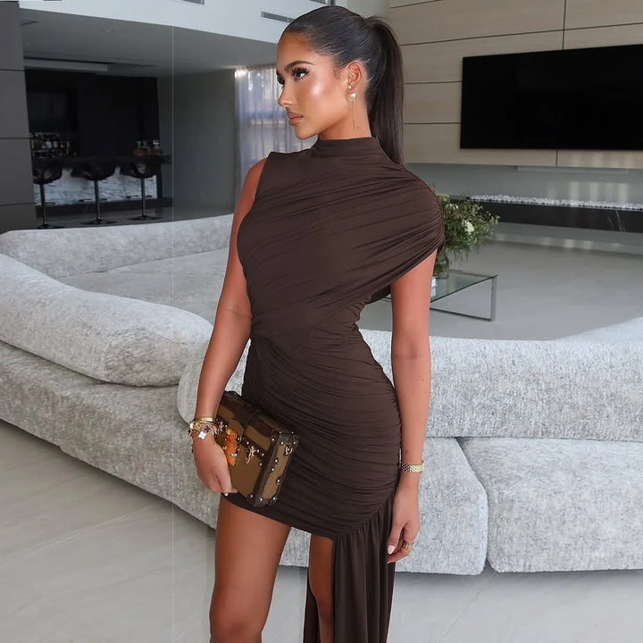 Women's Formal Dress with High Neck & Ruching | Bodycon
