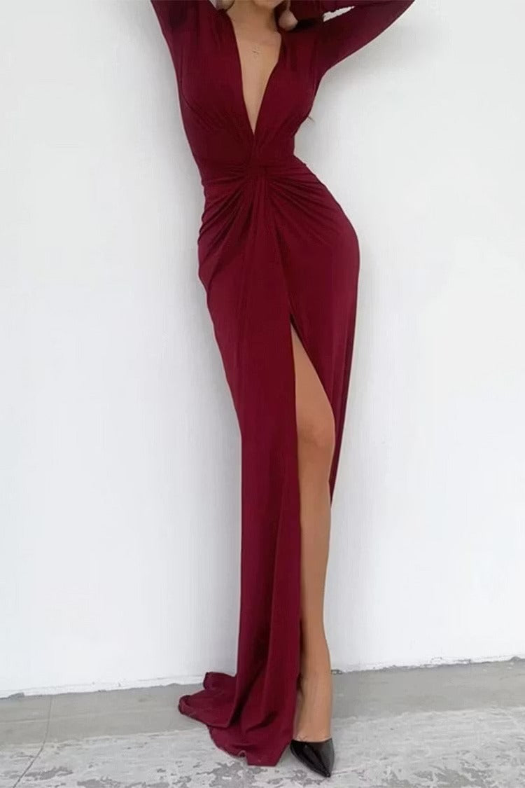 Helene | Women's Formal Long Sleeve Maxi Dress | V Neck Side Split