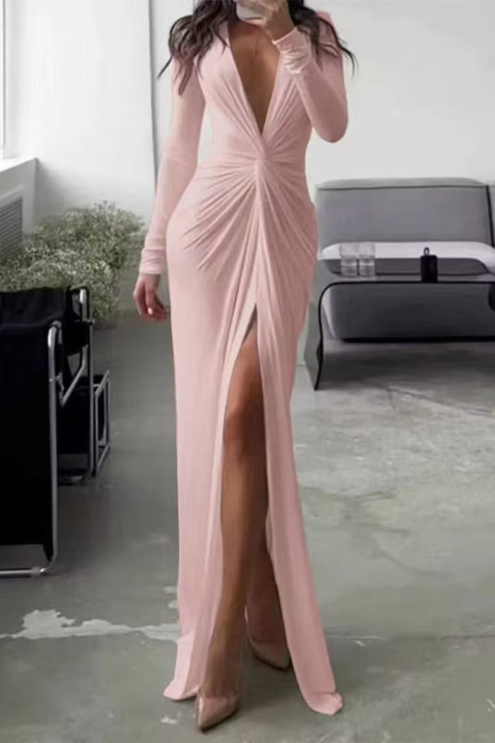 Helene | Women's Formal Long Sleeve Maxi Dress | V Neck Side Split