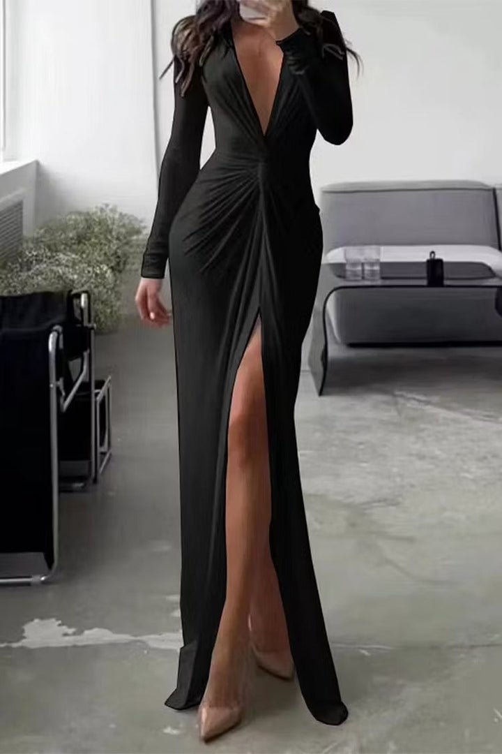 Helene | Women's Formal Long Sleeve Maxi Dress | V Neck Side Split
