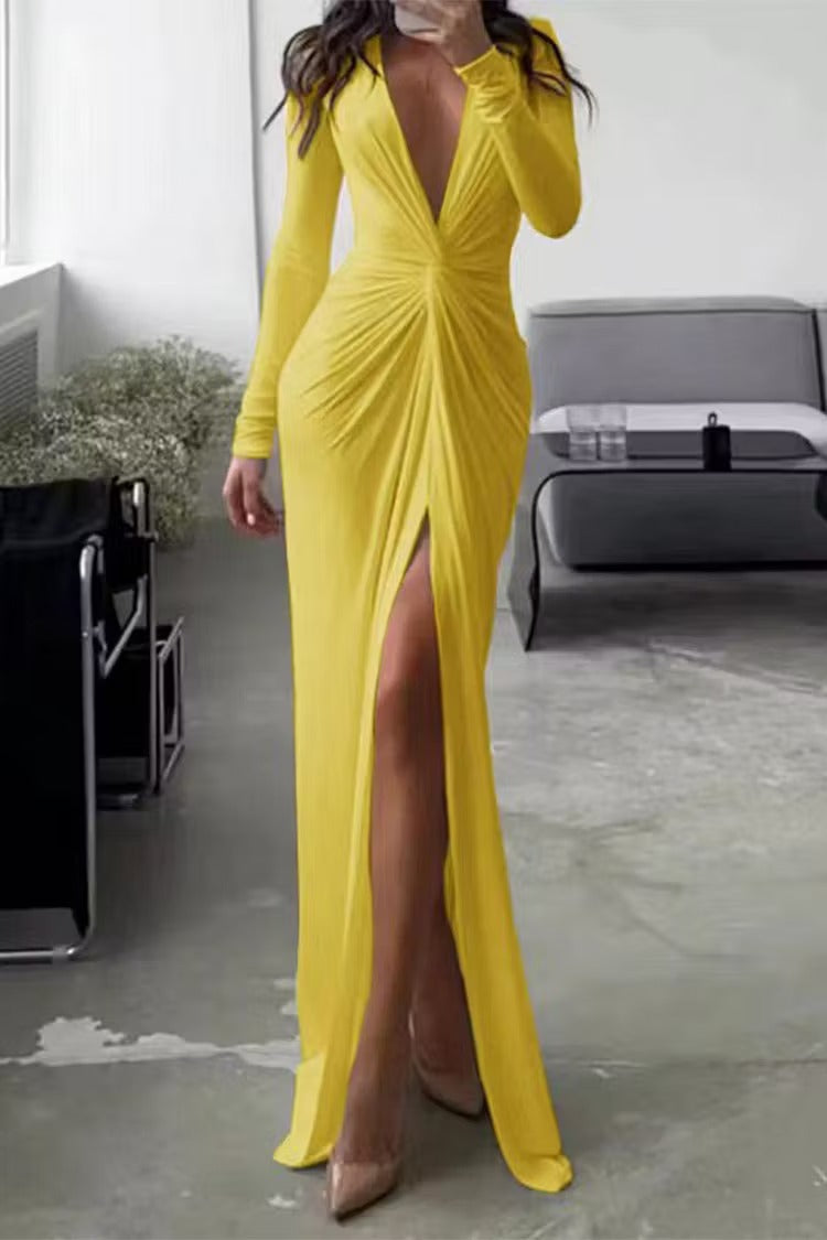 Helene | Women's Formal Long Sleeve Maxi Dress | V Neck Side Split