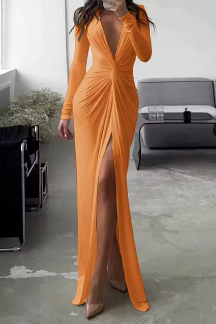 Helene | Women's Formal Long Sleeve Maxi Dress | V Neck Side Split