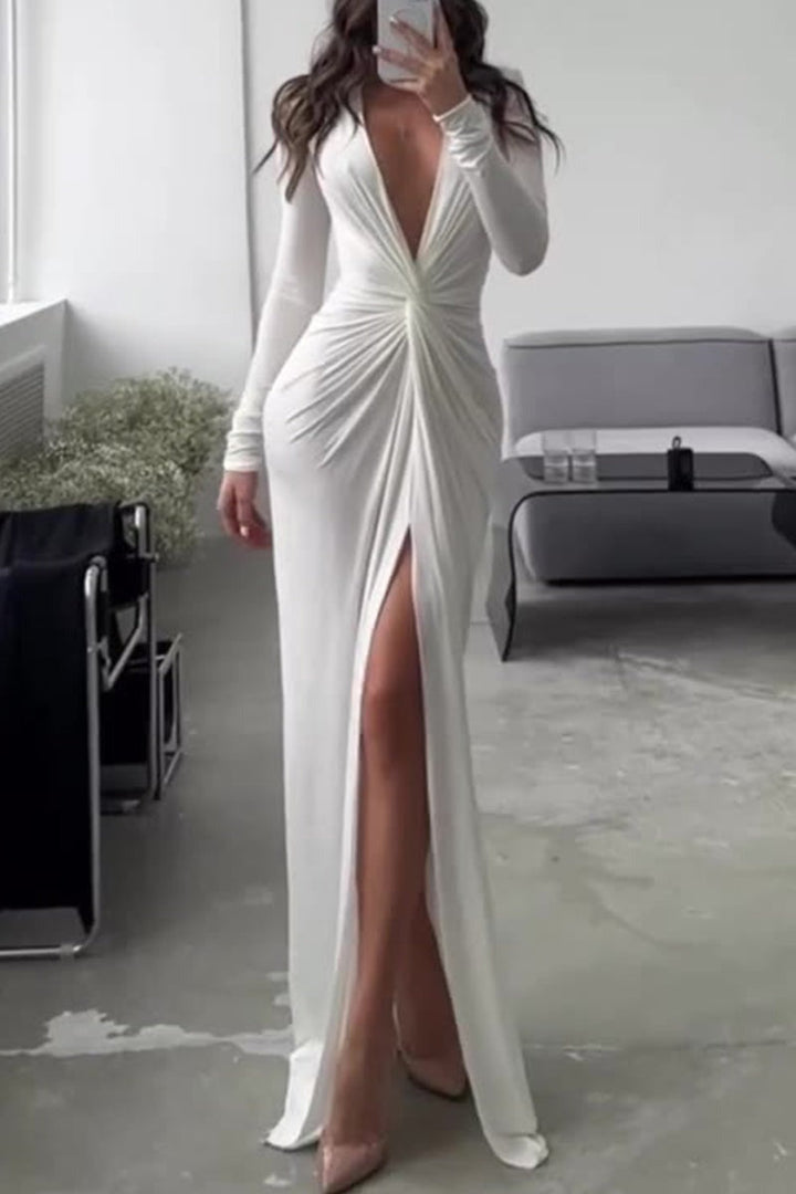 Helene | Women's Formal Long Sleeve Maxi Dress | V Neck Side Split