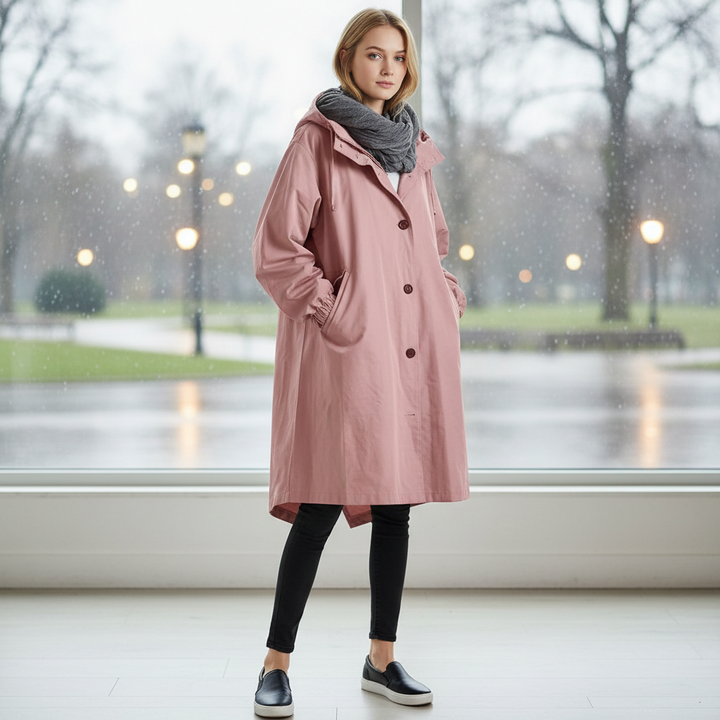 Fatima | Women's Long Hooded Outdoor Jacket | Button & Pockets