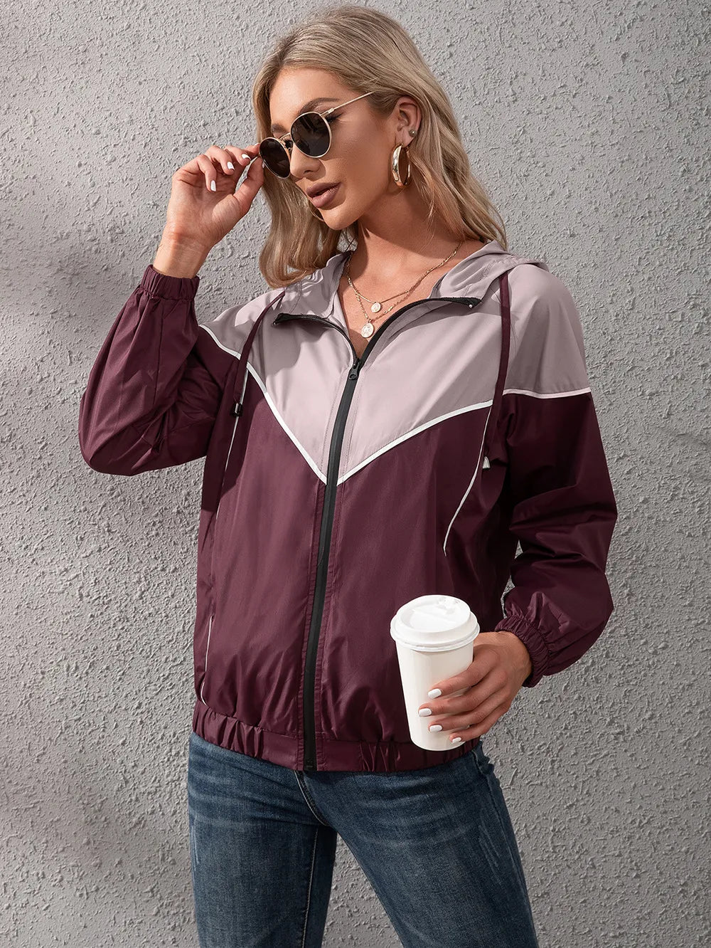 Khadija | Women's Hooded Rain Jacket | Colour Block Zip Up