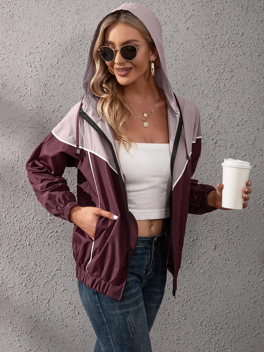 Khadija | Women's Hooded Rain Jacket | Colour Block Zip Up