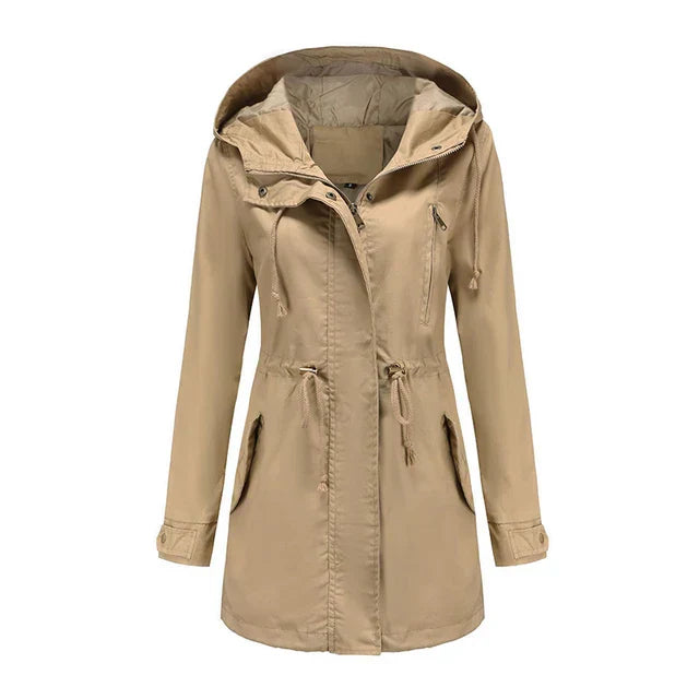 Zainab | Women's Long Hooded Rain Jacket | Drawstring Waist Zip Front