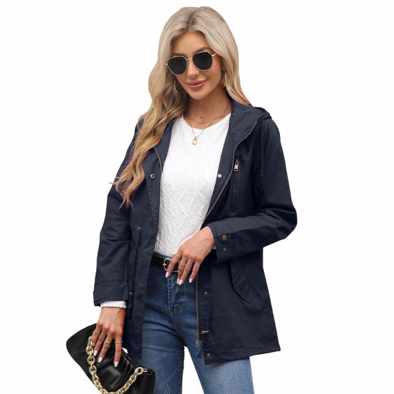 Zainab | Women's Long Hooded Rain Jacket | Drawstring Waist Zip Front