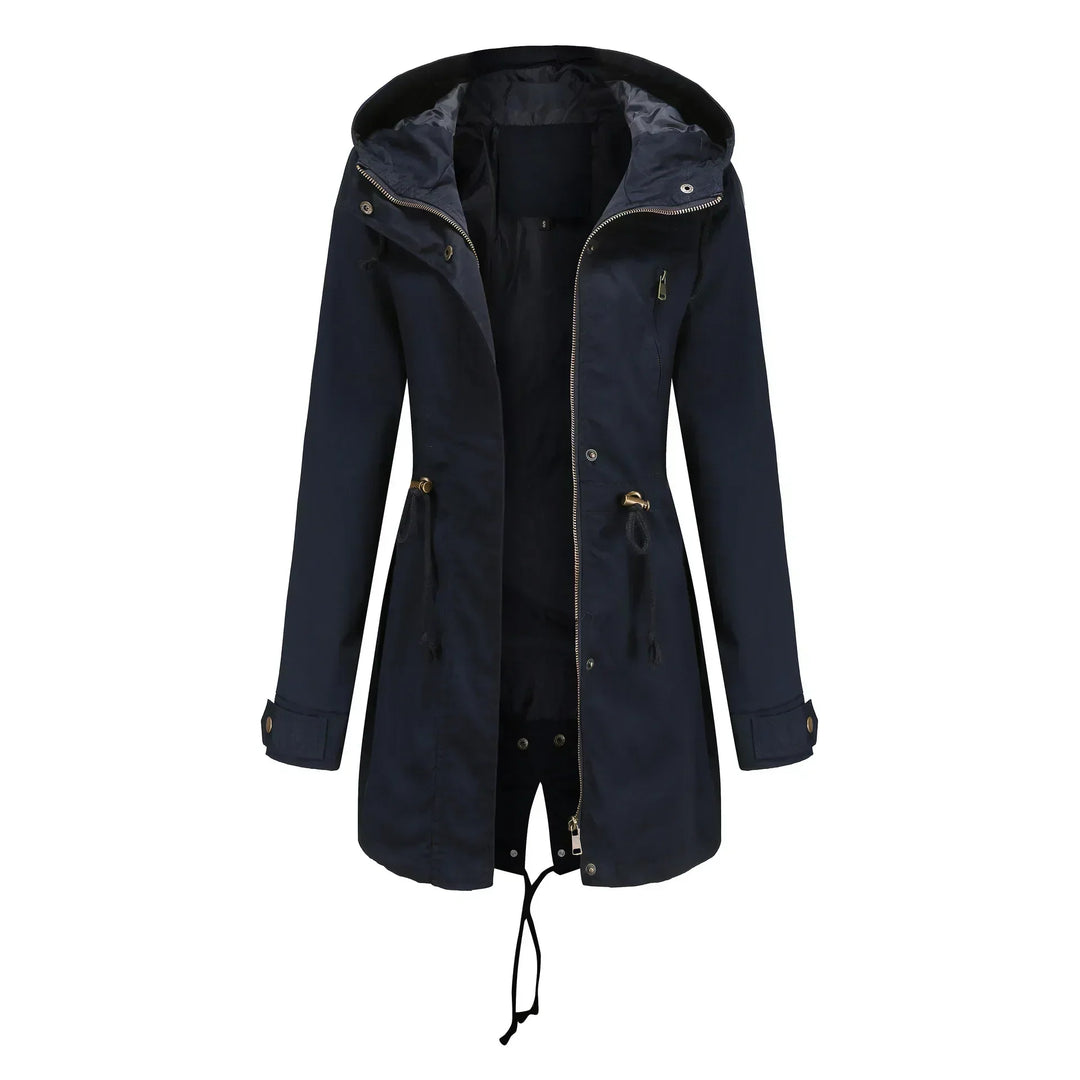 Zainab | Women's Long Hooded Rain Jacket | Drawstring Waist Zip Front