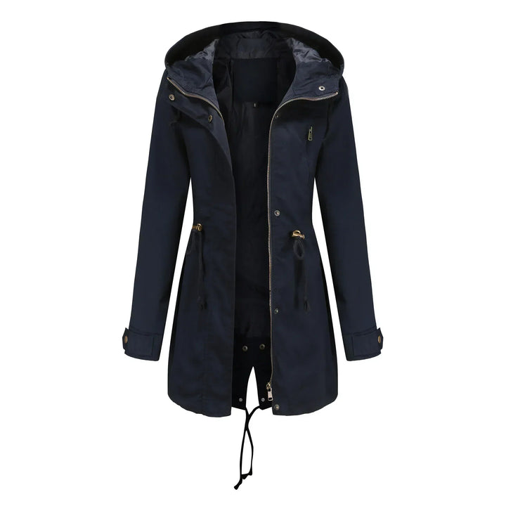 Zainab | Women's Long Hooded Rain Jacket | Drawstring Waist Zip Front