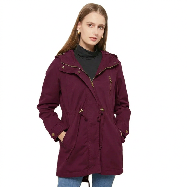 Zainab | Women's Long Hooded Rain Jacket | Drawstring Waist Zip Front