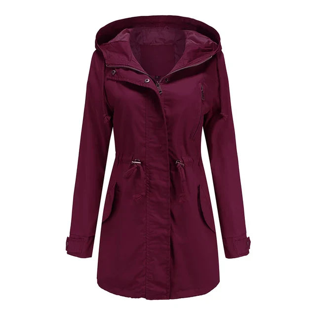 Zainab | Women's Long Hooded Rain Jacket | Drawstring Waist Zip Front