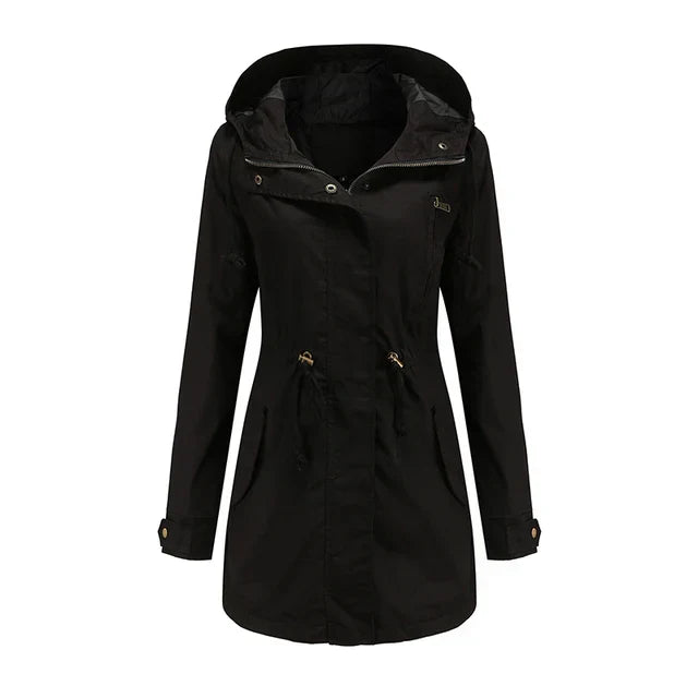 Zainab | Women's Long Hooded Rain Jacket | Drawstring Waist Zip Front