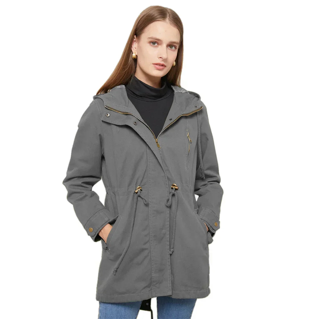 Zainab | Women's Long Hooded Rain Jacket | Drawstring Waist Zip Front