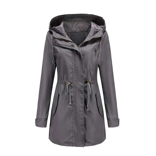 Zainab | Women's Long Hooded Rain Jacket | Drawstring Waist Zip Front