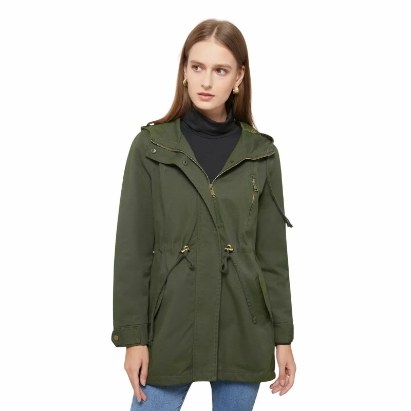 Zainab | Women's Long Hooded Rain Jacket | Drawstring Waist Zip Front