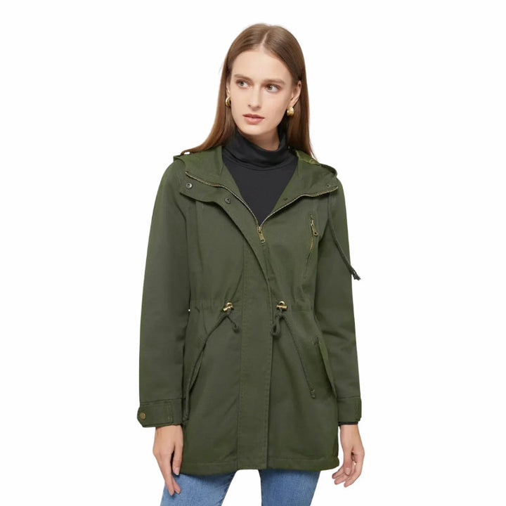 Zainab | Women's Long Hooded Rain Jacket | Drawstring Waist Zip Front