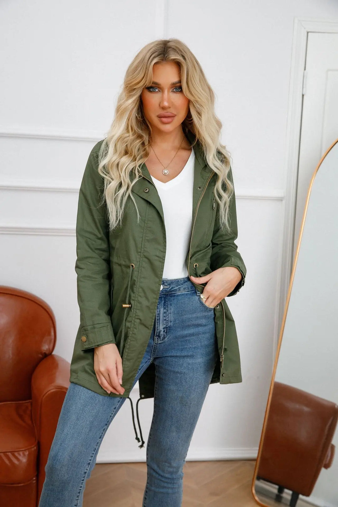 Zainab | Women's Long Hooded Rain Jacket | Drawstring Waist Zip Front