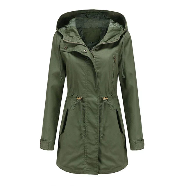Zainab | Women's Long Hooded Rain Jacket | Drawstring Waist Zip Front