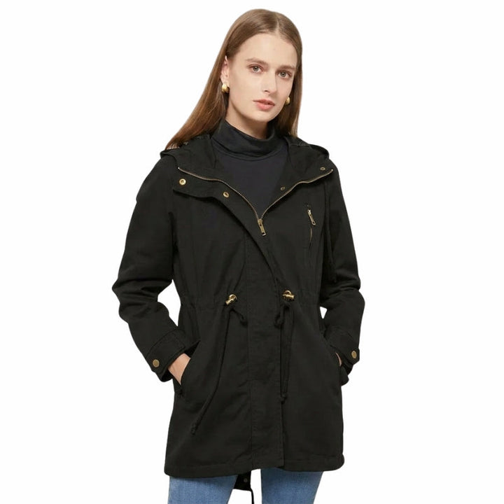 Zainab | Women's Long Hooded Rain Jacket | Drawstring Waist Zip Front