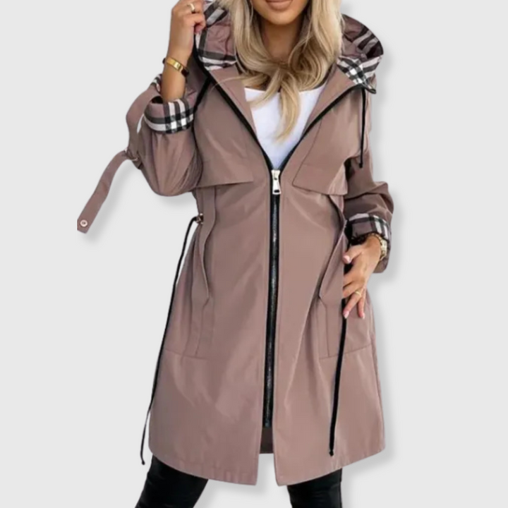 Yamini | Women's Long Hooded Rain Jacket | Plaid Lining Zip Up