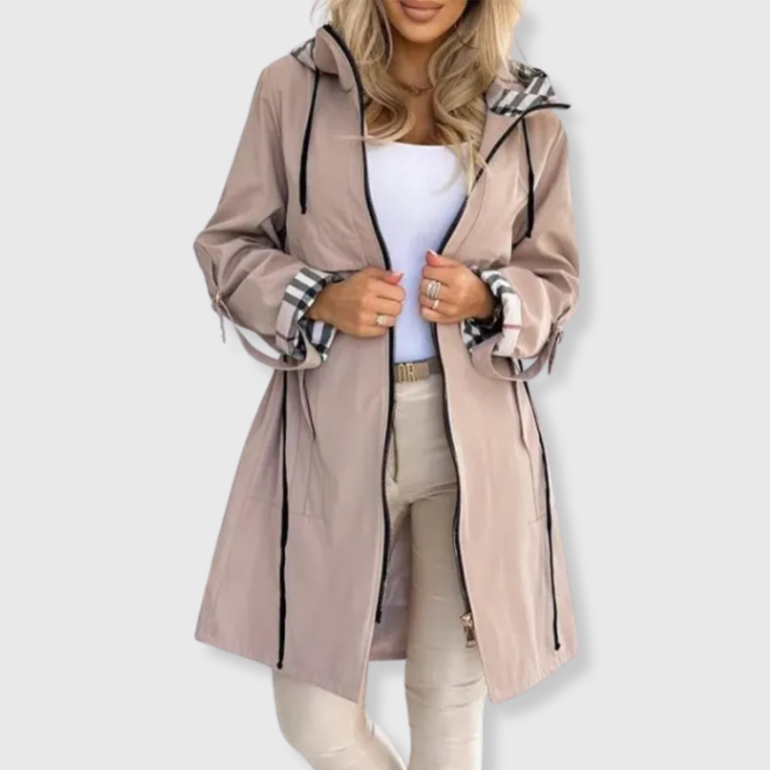Yamini | Women's Long Hooded Rain Jacket | Plaid Lining Zip Up