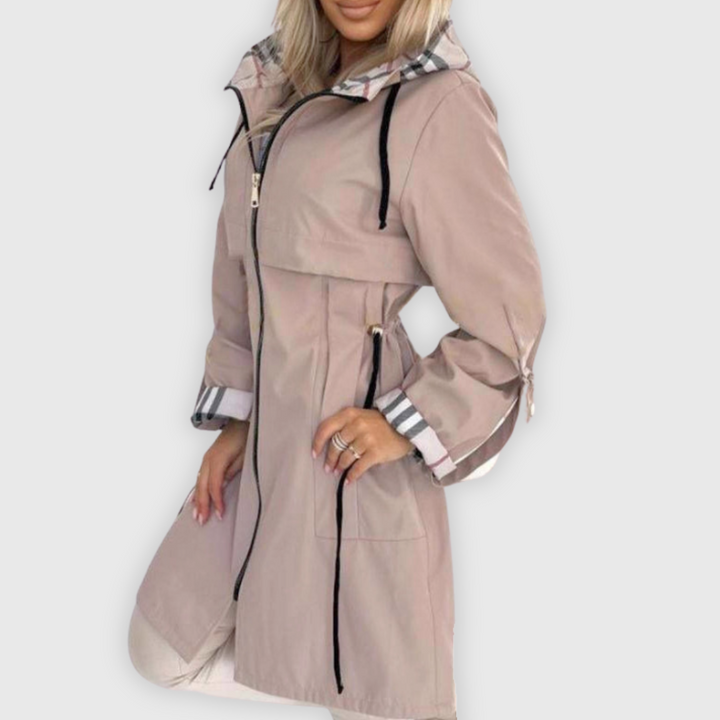 Yamini | Women's Long Hooded Rain Jacket | Plaid Lining Zip Up