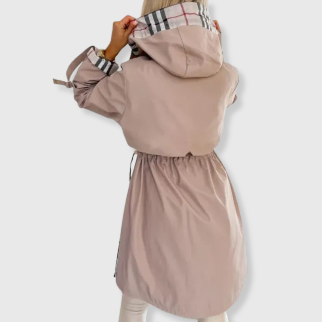 Yamini | Women's Long Hooded Rain Jacket | Plaid Lining Zip Up