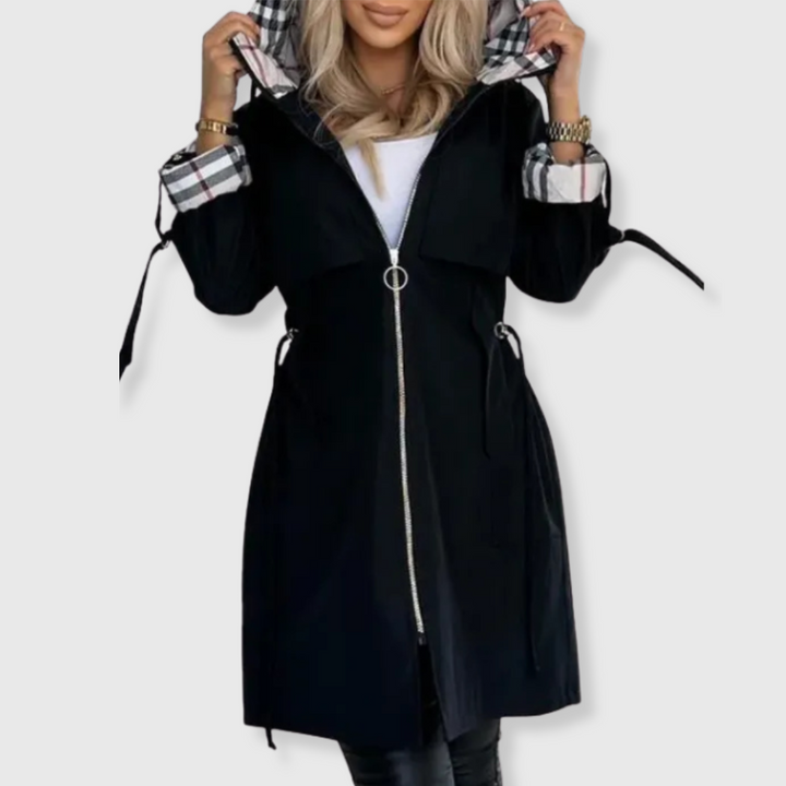 Yamini | Women's Long Hooded Rain Jacket | Plaid Lining Zip Up