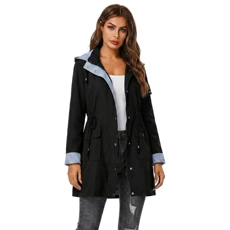 Samira | Women's Long Hooded Rain Jacket | Snap Front Striped Lining