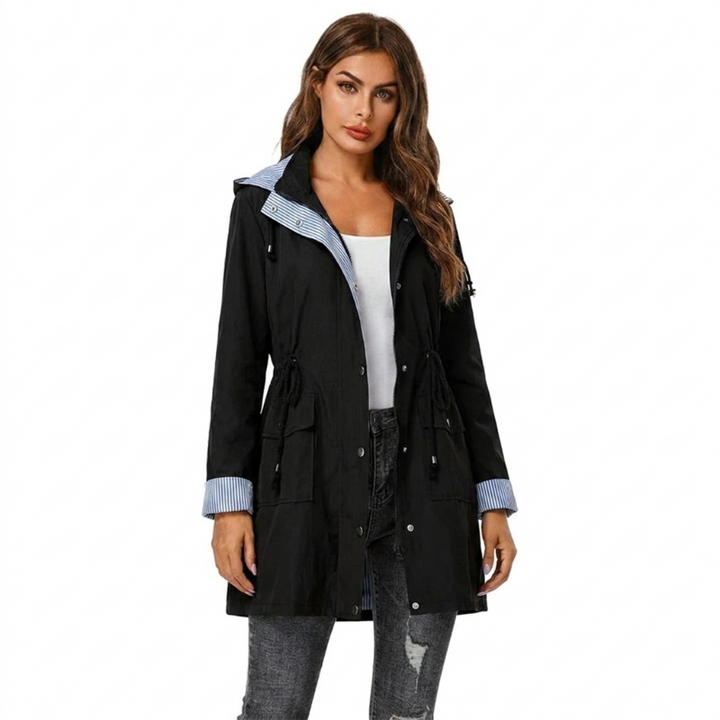 Samira | Women's Long Hooded Rain Jacket | Snap Front Striped Lining
