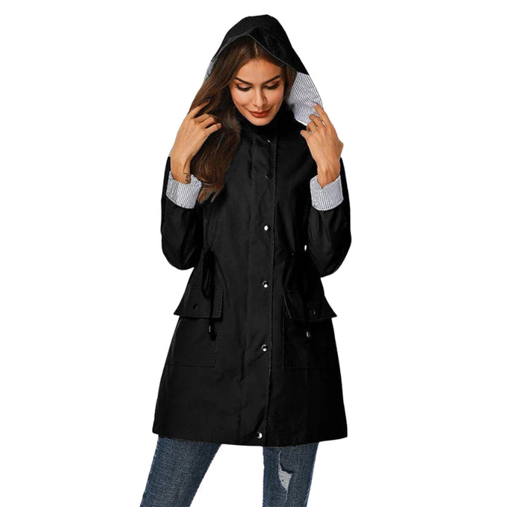 Samira | Women's Long Hooded Rain Jacket | Snap Front Striped Lining